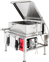 A commercial stainless steel tilting kettle with an open lid, 40-gallon capacity, built-in faucet, control panel with red accents, and spout for pouring. This gas appliance stands on four legs and is ideal for large-scale food preparation.