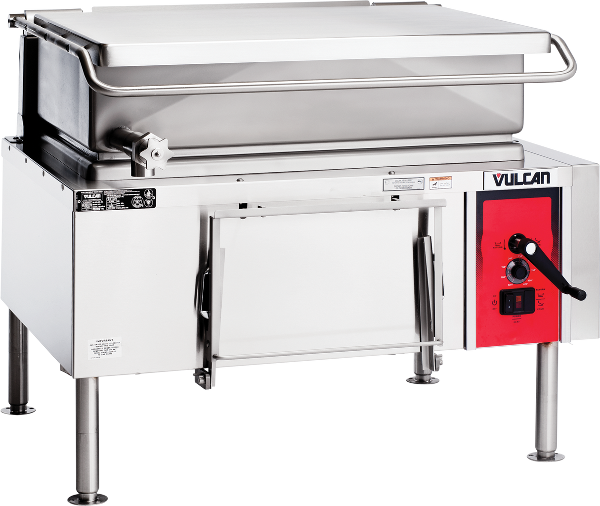 A commercial 40-gallon stainless steel braising pan with a flat lid, large front handle, and red gas control panel with dials and switches. Supported by four sturdy metal legs and labeled “Vulcan” on the front right corner.