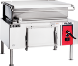 A commercial 40-gallon stainless steel braising pan with a flat lid, large front handle, and red gas control panel with dials and switches. Supported by four sturdy metal legs and labeled “Vulcan” on the front right corner.