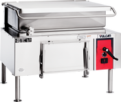 A commercial 40-gallon stainless steel braising pan with a flat lid, large front handle, and red gas control panel with dials and switches. Supported by four sturdy metal legs and labeled “Vulcan” on the front right corner.