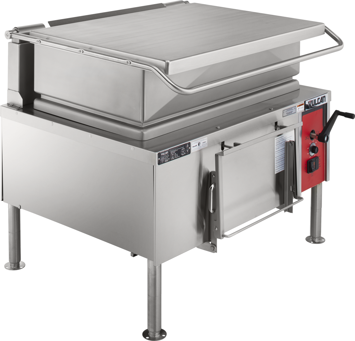A large commercial stainless steel braising pan with a 40-gallon capacity, flat lidded top, control knobs, and a red control panel on the right side; it is gas-powered and elevated on four metal legs.