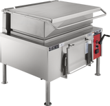 A large, stainless steel commercial gas braising pan with a closed, flat lid, control knobs, a tilting handle, and sturdy legs. This 40-gallon capacity skillet features a red branded control panel for efficient industrial kitchen cooking.