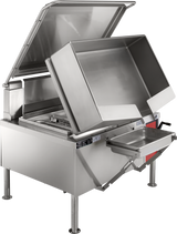 A large industrial stainless steel braising pan with both the main lid and front pouring pan ajar, showing the deep 40-gallon capacity cooking area and control panel. The skillet stands on sturdy legs and features handles and adjustment knobs.