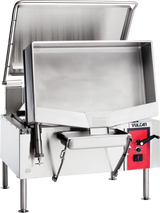 A large commercial stainless steel gas braising pan with an open lid, front drain spout, red control panel, black handle, visible legs, and a 40-gallon capacity. The Vulcan brand logo is displayed on the right side near the controls.