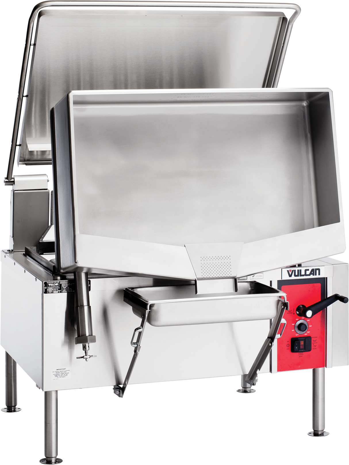 A large, stainless steel commercial gas braising pan with a 40-gallon capacity, open lid, red control panel labeled "Vulcan," four sturdy legs, a spout for pouring liquids, and a front tray for collecting contents.