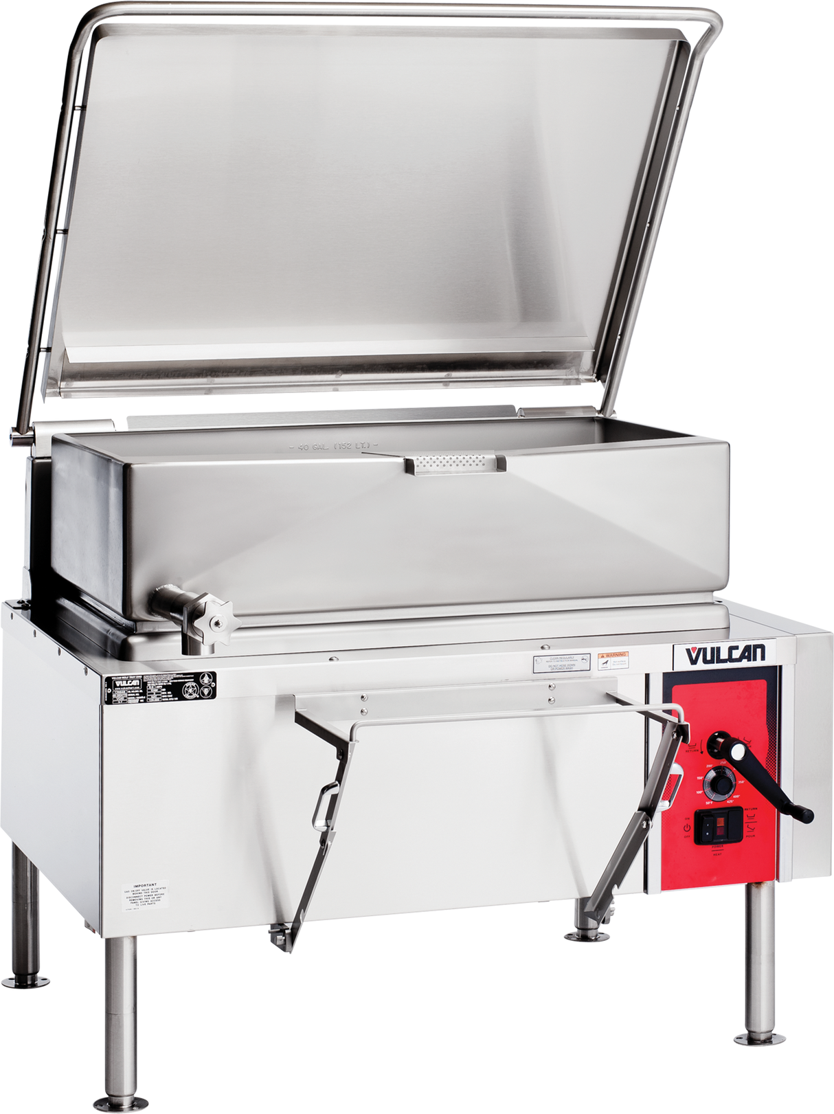 A commercial gas stainless steel tilting braising pan with an open lid, control panel with red accents and a black handle, standing on four sturdy legs. The Vulcan brand is visible on the front control panel. 40-gallon capacity.
