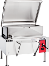 A commercial gas stainless steel tilting braising pan with an open lid, control panel with red accents and a black handle, standing on four sturdy legs. The Vulcan brand is visible on the front control panel. 40-gallon capacity.