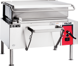 A 40-gallon commercial stainless steel gas braising pan with a closed lid, front pouring spout, sturdy legs, and a red Vulcan control panel on the right side featuring dials and switches for precise cooking adjustments.