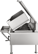 A large 40-gallon stainless steel commercial gas braising pan with its pan lifted and lid open, revealing heating elements inside. A handle and removable tray sit on the left side. The unit stands on four sturdy legs against a white background.