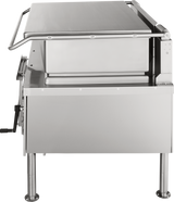 A large commercial 40-gallon stainless steel braising pan, viewed from the front, features a flat lid with a handle, gas-powered operation, a crank for tilting on the left side, and sturdy cylindrical legs for industrial kitchen cooking.