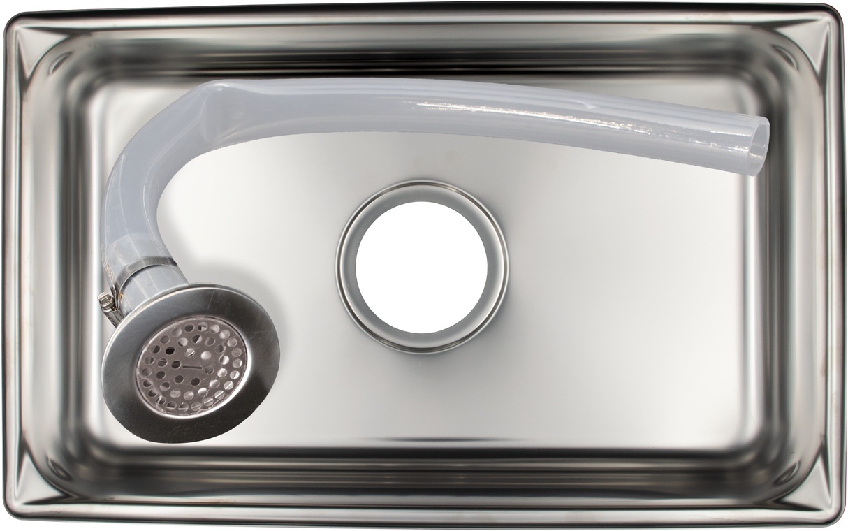 A shiny, rectangular stainless steel kitchen sink with a detachable faucet head and hose assembly rests inside. The silver faucet with a curved translucent hose complements the clean, empty basin, which also features a centrally positioned Vulcan drain pan.