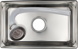 A shiny, rectangular stainless steel kitchen sink with a detachable faucet head and hose assembly rests inside. The silver faucet with a curved translucent hose complements the clean, empty basin, which also features a centrally positioned Vulcan drain pan.