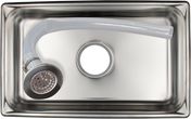 A shiny, rectangular stainless steel kitchen sink with a detachable faucet head and hose assembly rests inside. The silver faucet with a curved translucent hose complements the clean, empty basin, which also features a centrally positioned Vulcan drain pan.