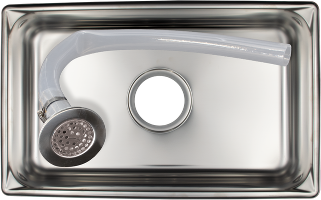 A shiny, rectangular stainless steel kitchen sink with a detachable faucet head and hose assembly rests inside. The silver faucet with a curved translucent hose complements the clean, empty basin, which also features a centrally positioned Vulcan drain pan.