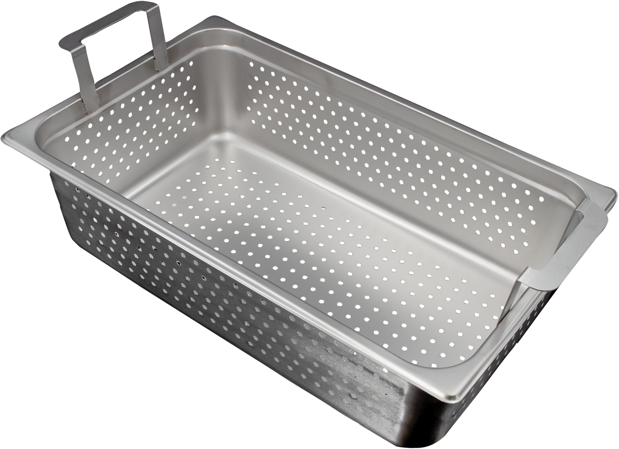 A rectangular stainless steel boiling basket with small round perforated holes, designed for draining or steaming food. It features two handles for easy lifting and a smooth, shiny metallic surface. The empty pan is shown on a white background.