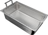 A rectangular stainless steel boiling basket with small round perforated holes, designed for draining or steaming food. It features two handles for easy lifting and a smooth, shiny metallic surface. The empty pan is shown on a white background.