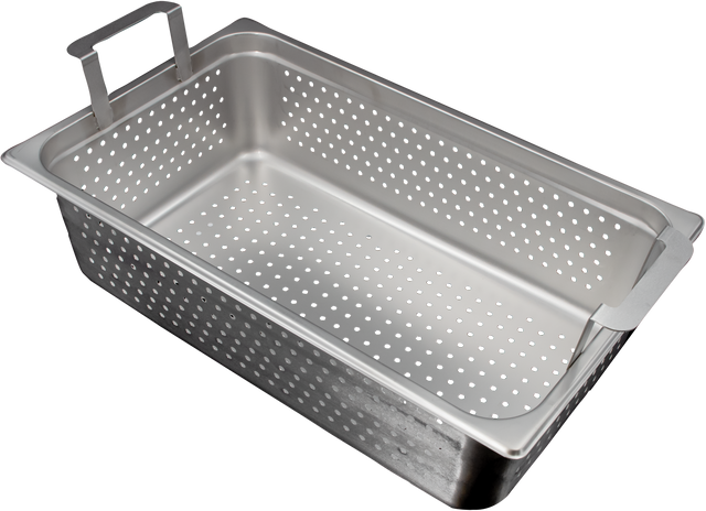 A rectangular stainless steel boiling basket with small round perforated holes, designed for draining or steaming food. It features two handles for easy lifting and a smooth, shiny metallic surface. The empty pan is shown on a white background.