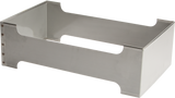 A rectangular stainless steel appliance stand with open sides and edges cut to fit around legs. Designed for equipment like a Vulcan 12" x 20" pan or Steam Pan Insert, it has a flat base and visible rivets in one corner.
