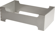 A rectangular stainless steel appliance stand with open sides and edges cut to fit around legs. Designed for equipment like a Vulcan 12" x 20" pan or Steam Pan Insert, it has a flat base and visible rivets in one corner.