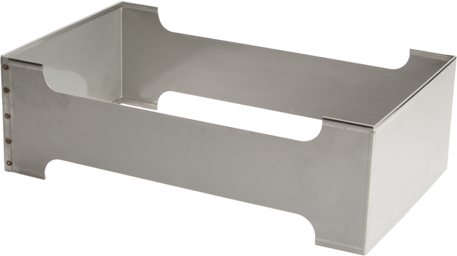 A rectangular stainless steel appliance stand with open sides and edges cut to fit around legs. Designed for equipment like a Vulcan 12" x 20" pan or Steam Pan Insert, it has a flat base and visible rivets in one corner.