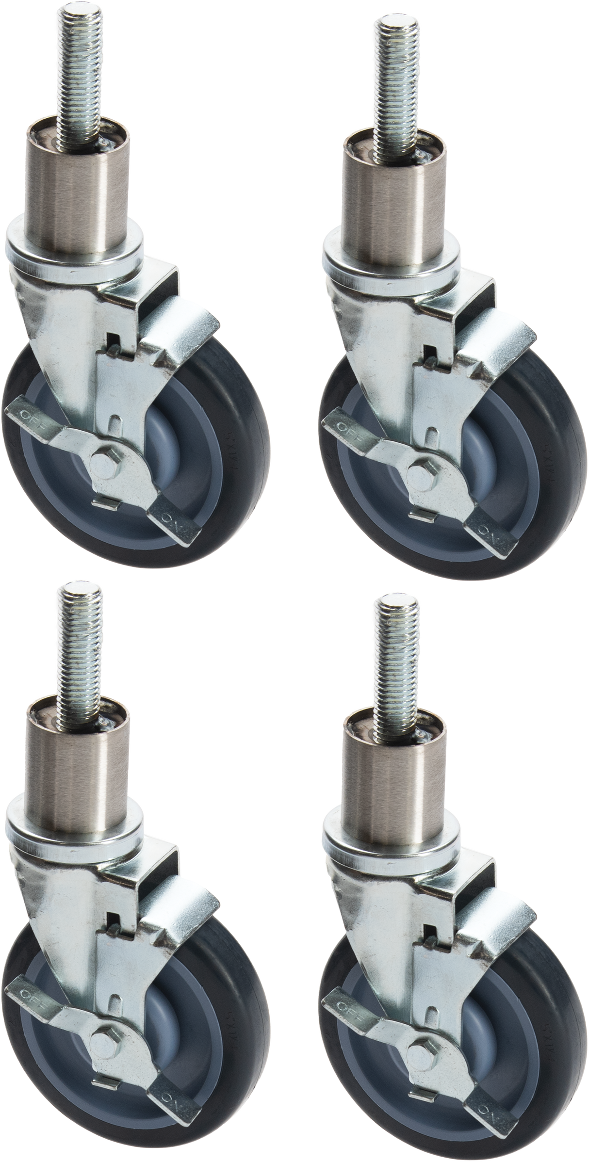 Four identical Vulcan CASTERS swivel caster wheels with threaded stems are shown. Each black wheel features a silver metal bracket and axle. The locking casters are arranged in two rows of two against a white background.