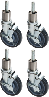 Four identical Vulcan CASTERS swivel caster wheels with threaded stems are shown. Each black wheel features a silver metal bracket and axle. The locking casters are arranged in two rows of two against a white background.