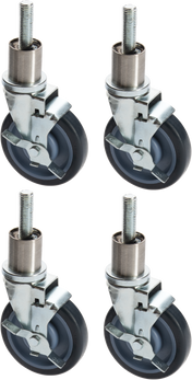 Four identical Vulcan CASTERS swivel caster wheels with threaded stems are shown. Each black wheel features a silver metal bracket and axle. The locking casters are arranged in two rows of two against a white background.