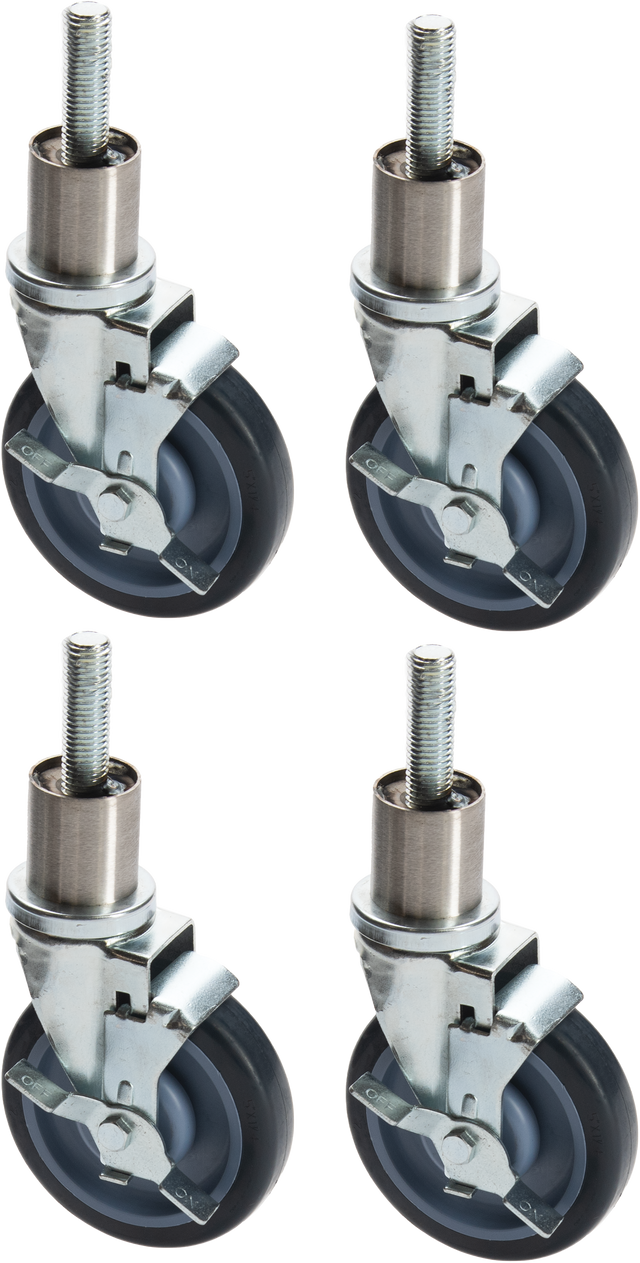 Four identical Vulcan CASTERS swivel caster wheels with threaded stems are shown. Each black wheel features a silver metal bracket and axle. The locking casters are arranged in two rows of two against a white background.