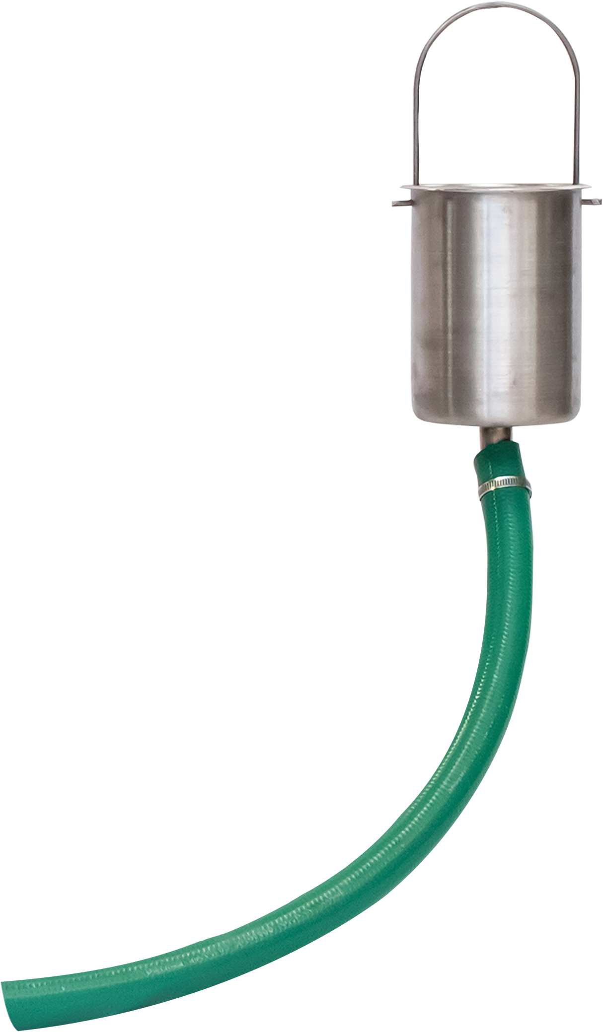 A stainless steel catch can with a bail handle on top is attached to a green flexible drain hose at the bottom. The hose curves downward and to the right against a plain white background.