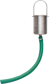 A stainless steel catch can with a bail handle on top is attached to a green flexible drain hose at the bottom. The hose curves downward and to the right against a plain white background.