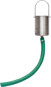 A stainless steel catch can with a bail handle on top is attached to a green flexible drain hose at the bottom. The hose curves downward and to the right against a plain white background.