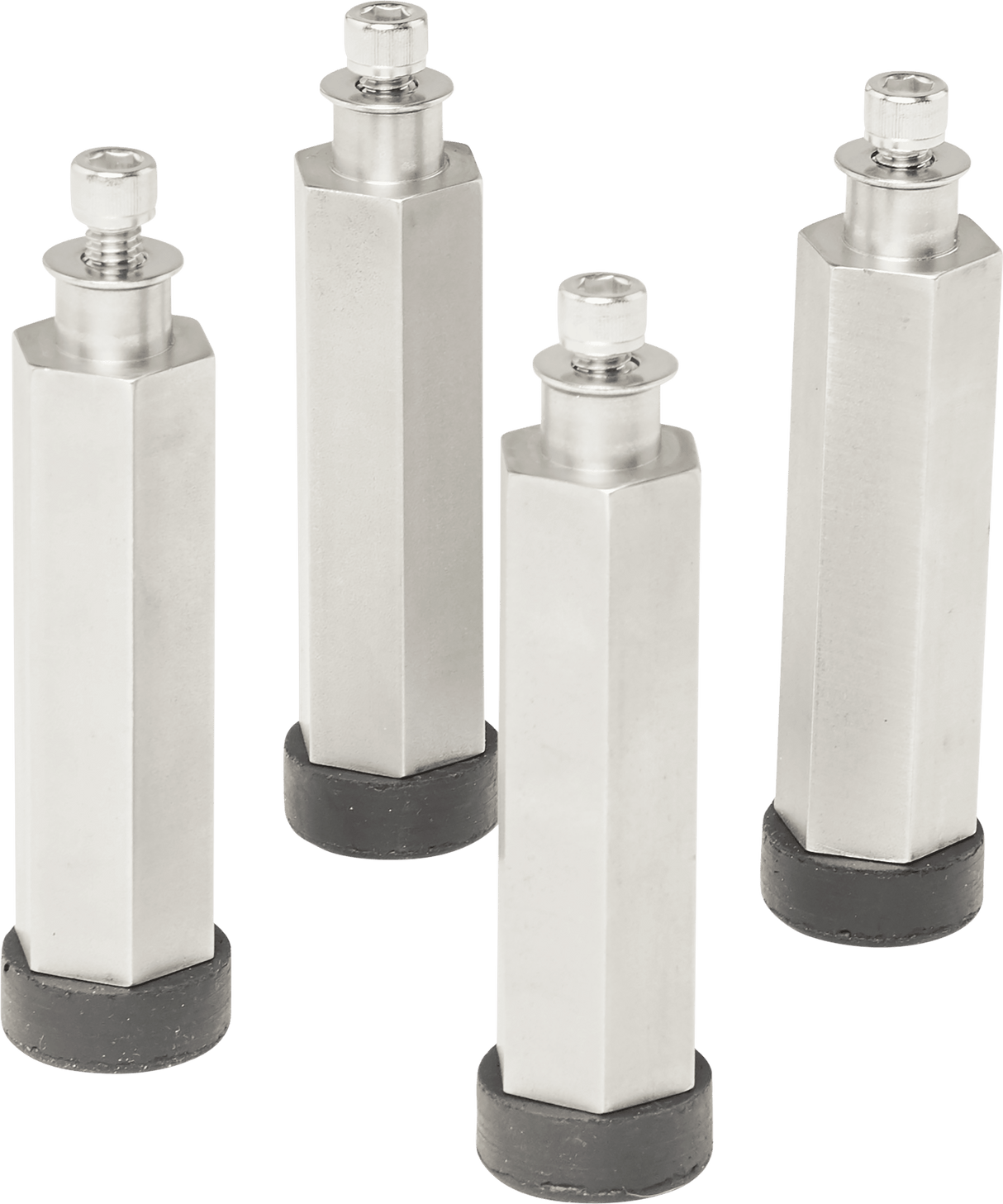 Four tall, hexagonal metal standoffs with black circular rubber bases stand upright, spaced apart like sturdy Berkel leg extensions. Each has a threaded screw on top and casts subtle shadows. The background is transparent.