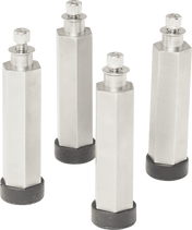 Four tall, hexagonal metal standoffs with black circular rubber bases stand upright, spaced apart like sturdy Berkel leg extensions. Each has a threaded screw on top and casts subtle shadows. The background is transparent.