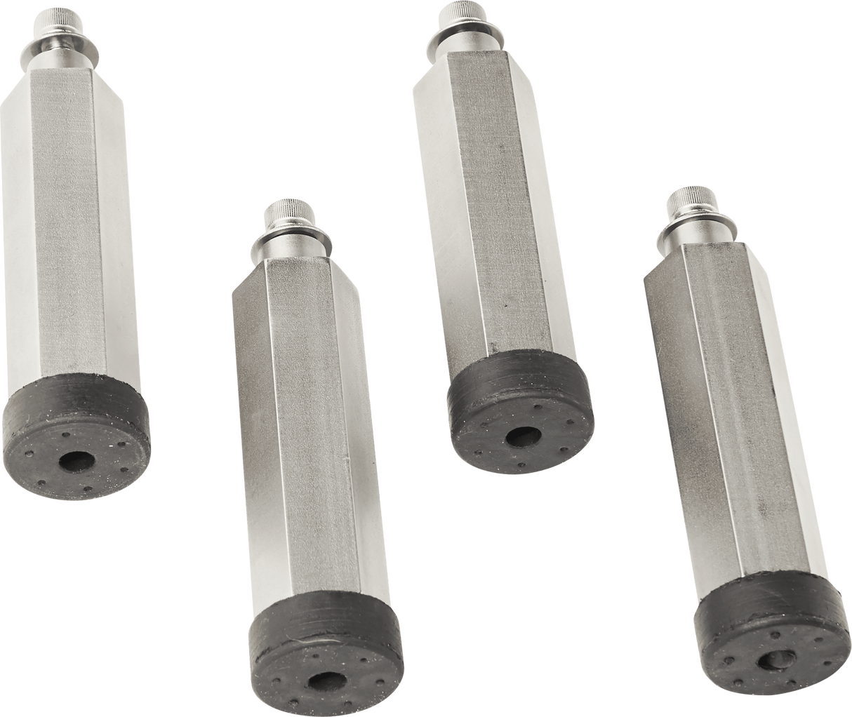 Four identical hexagonal metal rods, ideal as Berkel leg extension parts for an MB bread slicer, are arranged diagonally on a white background. Each rod features threaded ends and black rubber caps with small holes on the rounded tips.