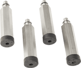 Four identical hexagonal metal rods, ideal as Berkel leg extension parts for an MB bread slicer, are arranged diagonally on a white background. Each rod features threaded ends and black rubber caps with small holes on the rounded tips.