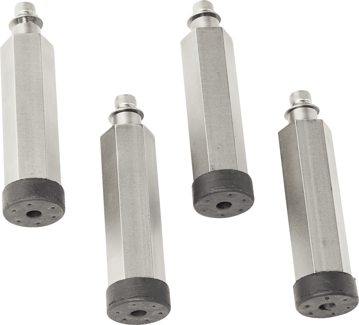Four identical hexagonal metal rods with rounded black rubber tips and small cylindrical extensions on top, compatible with MB bread slicer or Berkel leg extension, laid out diagonally on a white background. The rods are evenly spaced and parallel, showing their flat faces.