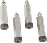 Four identical hexagonal metal rods with rounded black rubber tips and small cylindrical extensions on top, compatible with MB bread slicer or Berkel leg extension, laid out diagonally on a white background. The rods are evenly spaced and parallel, showing their flat faces.