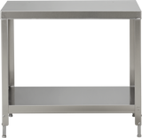 A stainless steel work table with a flat rectangular top, open sides, four legs, and a lower shelf. Its simple, industrial design features adjustable legs and a shiny finish, perfect for kitchens or as a Slicer Stand. Background is transparent.