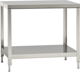 A stainless steel Slicer Stand with four sturdy legs, an adjustable lower shelf, and a flat, smooth top surface. Its simple, industrial design suits kitchens, labs, or workshops. The table is pictured on a plain background with no objects on it.