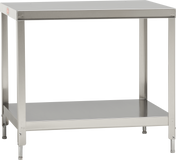 A stainless steel Slicer Stand with four sturdy legs, an adjustable lower shelf, and a flat, smooth top surface. Its simple, industrial design suits kitchens, labs, or workshops. The table is pictured on a plain background with no objects on it.