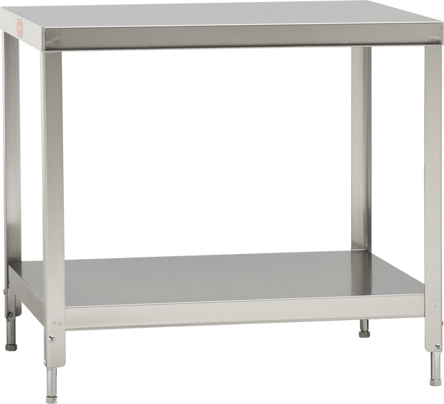 A stainless steel Slicer Stand with four sturdy legs, an adjustable lower shelf, and a flat, smooth top surface. Its simple, industrial design suits kitchens, labs, or workshops. The table is pictured on a plain background with no objects on it.