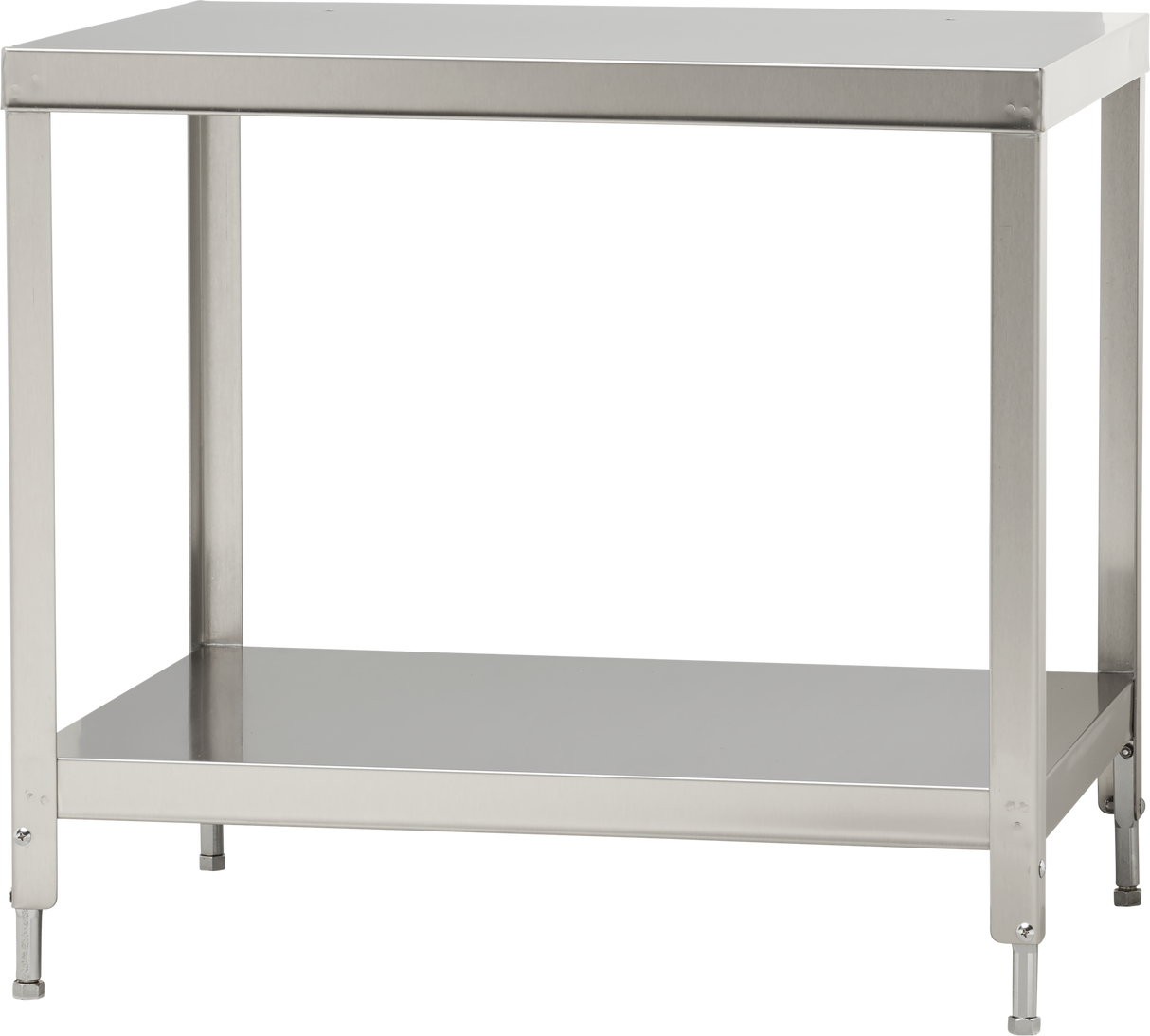 A stainless steel work table with a flat top, four square legs, and an undershelf for storage. Designed as a sturdy slicer stand with adjustable legs, it features a simple, industrial look ideal for commercial kitchens or workshops.