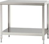 A stainless steel work table with a flat top, four square legs, and an undershelf for storage. Designed as a sturdy slicer stand with adjustable legs, it features a simple, industrial look ideal for commercial kitchens or workshops.