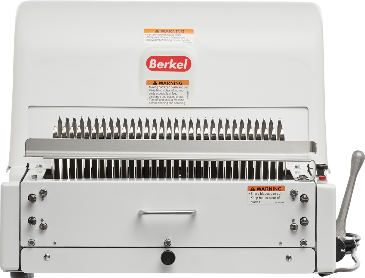A white Berkel bread slicer with metal slicing blades, safety warning labels, and a lever on the right sits sturdy on any countertop. The red Berkel logo is centered on the front, showcasing a clean design made for slicing loaves evenly.