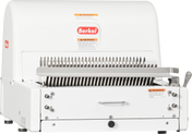 A sturdy Berkel bread slicer with sharp metal blades in a row, a safety warning sticker, and a right-side lever. Designed for countertop use, the white machine features the Berkel logo above the blades for reliable commercial slicing.