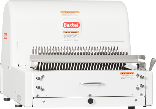 A white Berkel Bread Slicer with multiple parallel blades delivers 3/4 slice thickness. This countertop machine features a lever on the right, safety labels, and a red Berkel logo centered on its rectangular, industrial front.