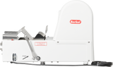 A white Berkel bread slicer is seen from the side, featuring a metal lever, START button, ridged tray, guard, the brand’s red logo, and a coiled black power cord. This sturdy countertop bread slicer is clean and set against a plain background.