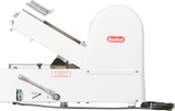 Side view of a Berkel bread slicer, mostly white with a red logo. The machine has a metal lever labeled “START,” a slanted food tray, and an attached cord. Its sturdy, industrial design is ideal for professional kitchens.