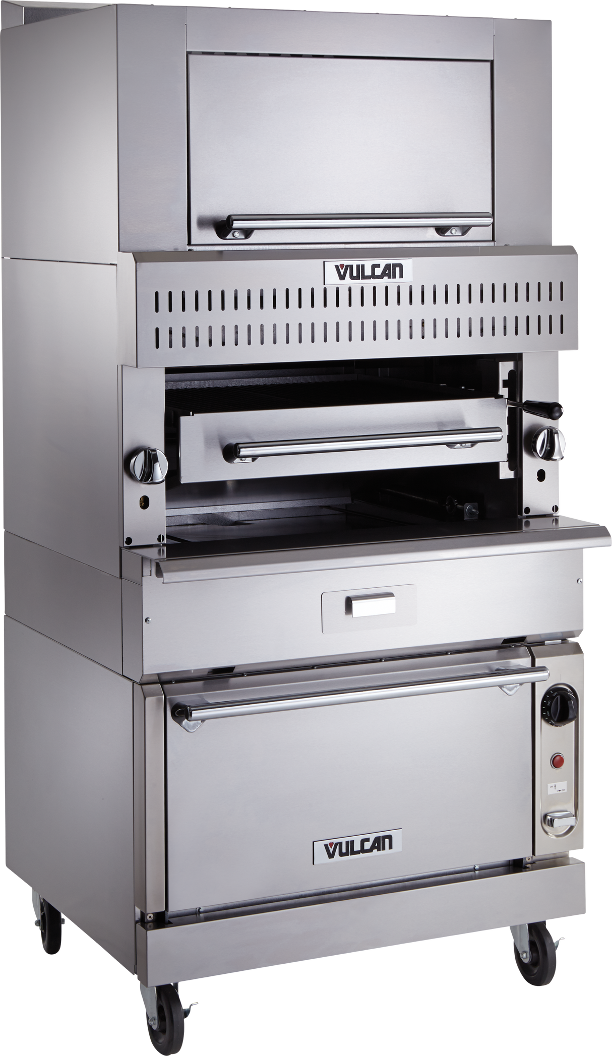 A large, stainless steel Vulcan V Series Deck-Broiler on wheels features single-deck infrared burners, a pull-down broiler door, vented grill area with adjustable rack, control knobs on each side, and a bottom oven compartment with handle and temperature control.