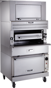 A large, stainless steel Vulcan V Series Deck-Broiler on wheels features single-deck infrared burners, a pull-down broiler door, vented grill area with adjustable rack, control knobs on each side, and a bottom oven compartment with handle and temperature control.